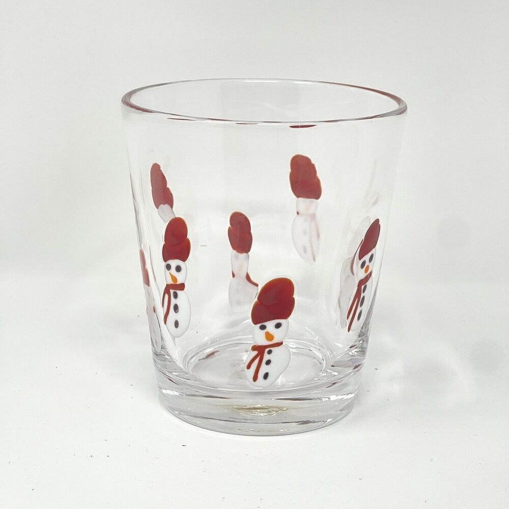 Crate & Barrel Handblown Snowman Fused Glass Tumbler Double Old Fashioned